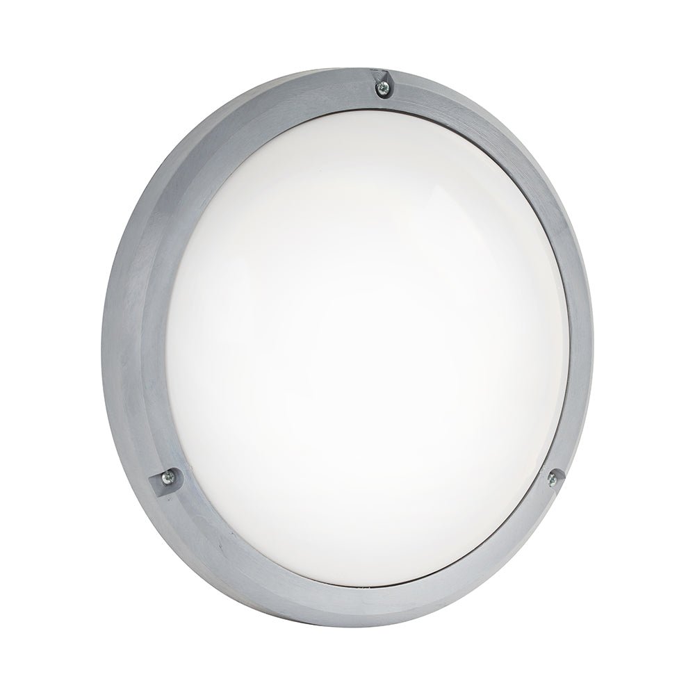 Round graphite outdoor bulkhead wall light with a sleek design and white diffuser.