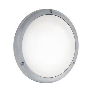 Round graphite outdoor bulkhead wall light with a sleek design and white diffuser.