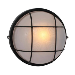 Large round black outdoor wall light with a frosted glass cover and grid design, ideal for entrances and walkways.
