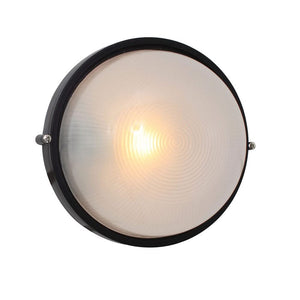 Large round black outdoor wall light with frosted glass lens, providing diffused illumination.
