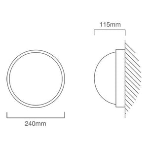 Detail view of a large round black bulkhead outdoor wall light with frosted glass lens, showcasing its sleek design.