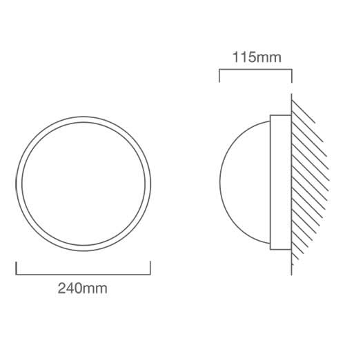 Detail view of a large round black bulkhead outdoor wall light with frosted glass lens, showcasing its sleek design.