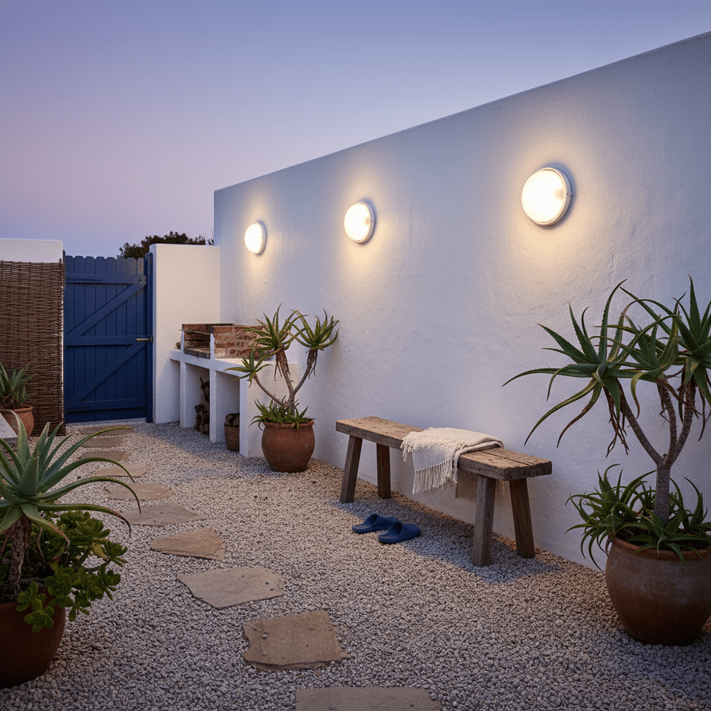 Three white bulkhead lights illuminate a courtyard with potted plants and a wooden bench.
