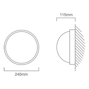 Technical diagram of white outdoor bulkhead light with dimensions 240mm diameter and 115mm depth.