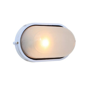 White oval outdoor bulkhead light with frosted glass lens, showcasing modern design and illumination.