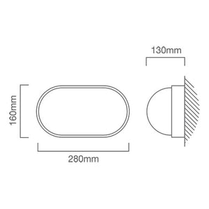 Detailed illustration of a white oval outdoor bulkhead light with dimensions labeled.