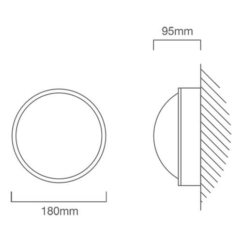 Technical drawing of a round bulkhead light showing dimensions and mounting details.