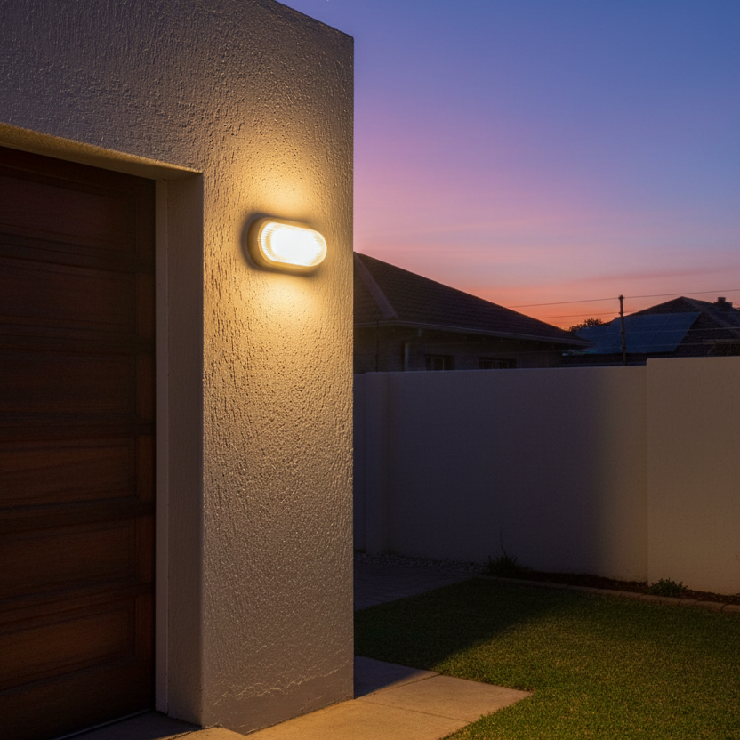 Outdoor wall light mounted on a textured wall, illuminating a garden area at dusk.