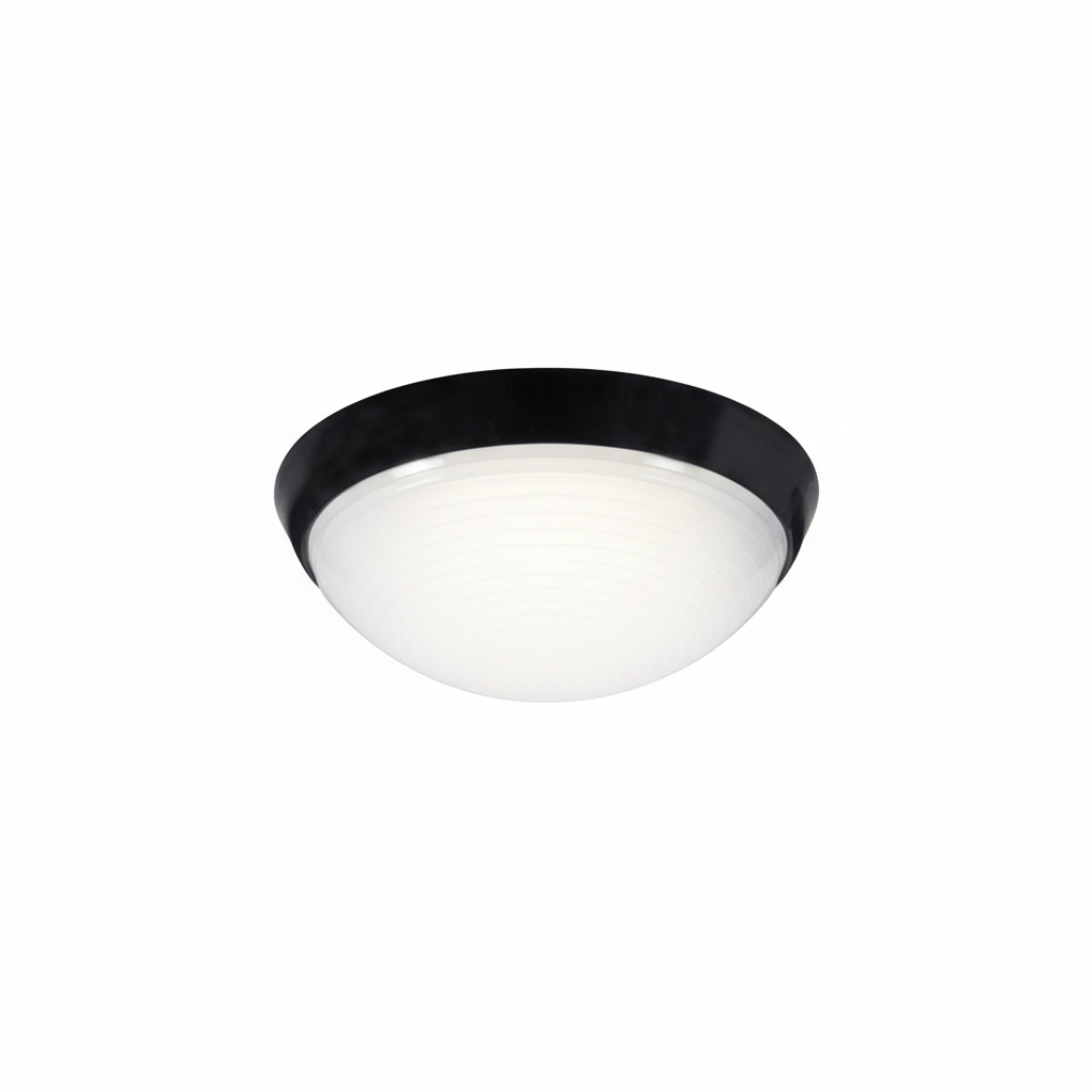 Ceiling light fixture with black rim and white domed lens on a white background