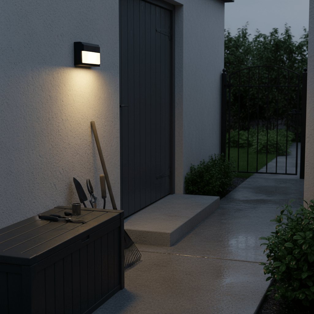 Outdoor wall light illuminating a garden path beside a storage box and gardening tools, with a gate and greenery in the