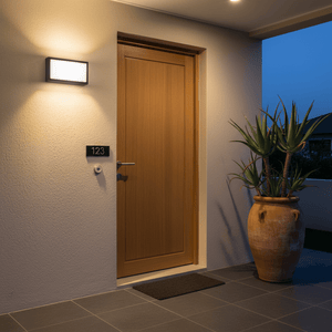 Rectangular outdoor wall light mounted on a textured wall, shining light beside a wooden door and house number 123