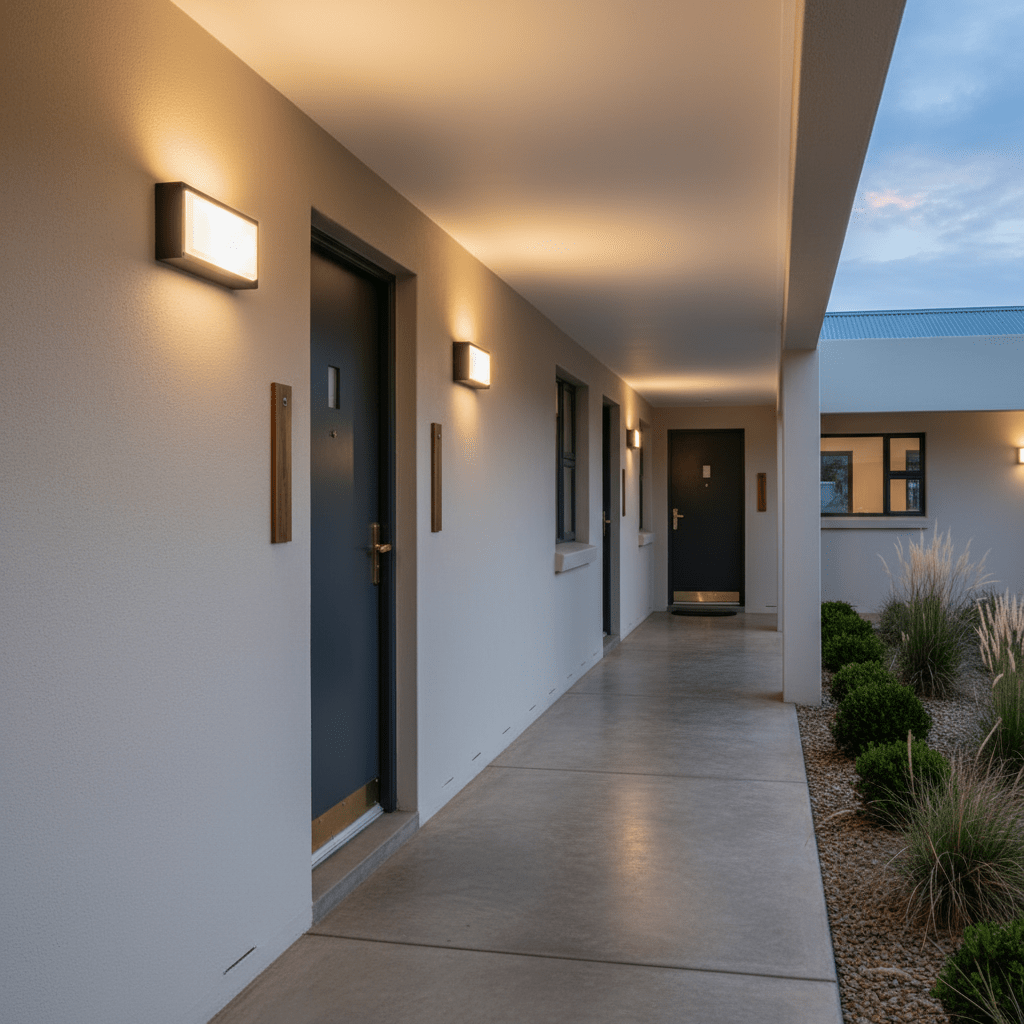 Rectangular outdoor wall light mounted on a white exterior wall, casting warm illumination along a corridor