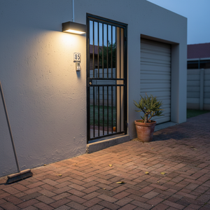 Outdoor wall light illuminating a gated entrance beside a garage with a potted plant and broom nearby.