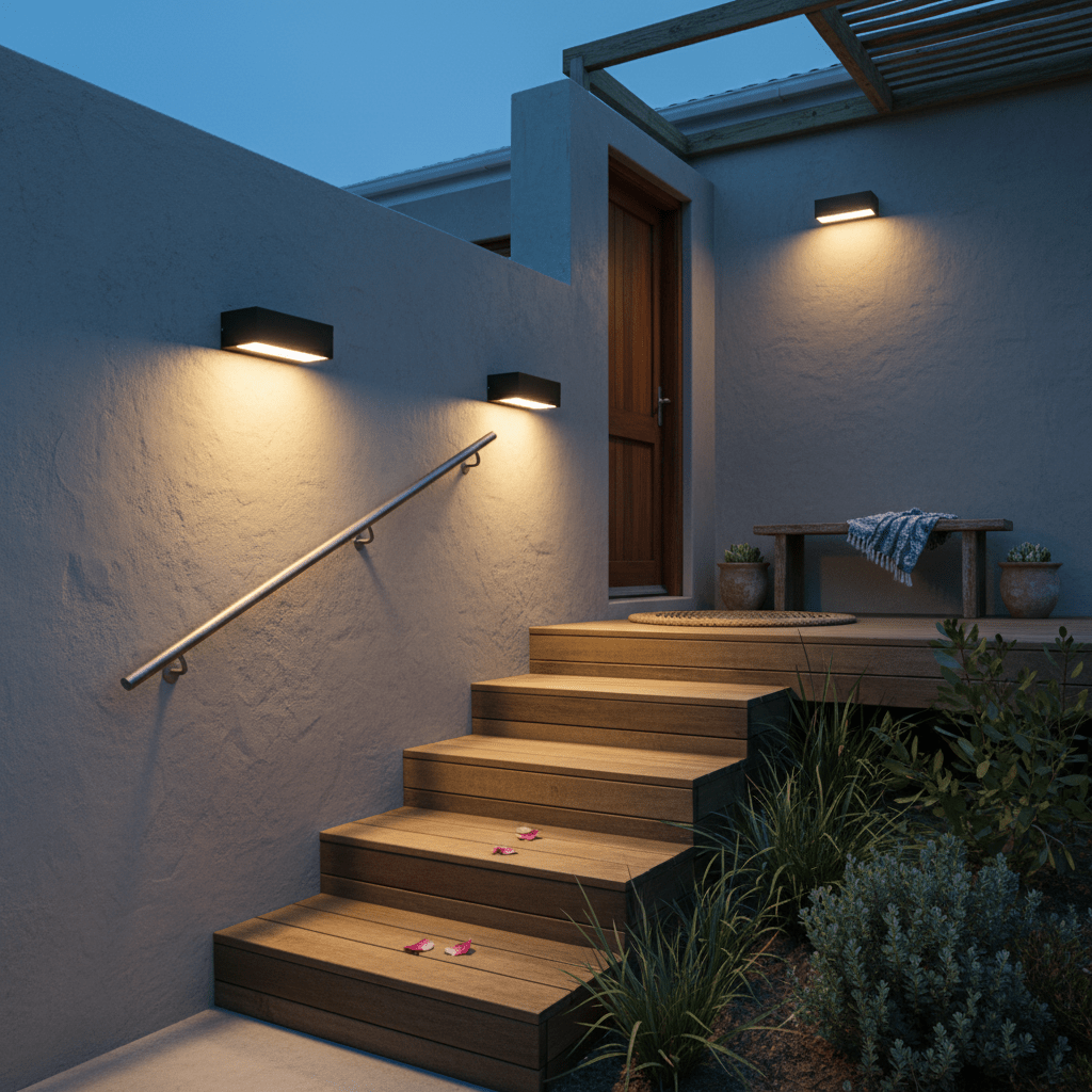 Outdoor wall lights illuminate a stairway with wooden steps and potted plants, enhancing nighttime visibility.