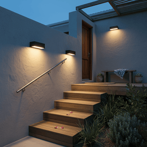 Outdoor wall lights illuminate a stairway with wooden steps and potted plants, enhancing nighttime visibility.