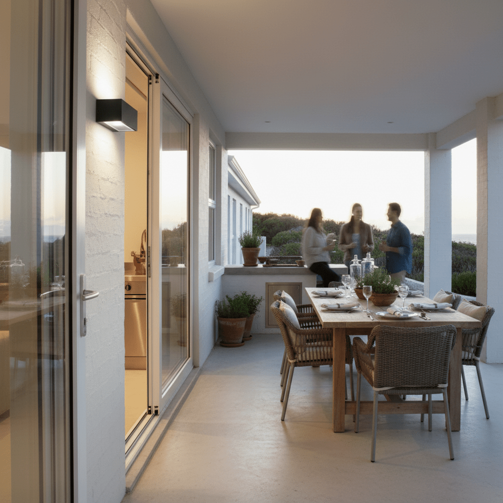 Outdoor patio scene with a die-cast aluminium bulkhead light mounted beside a sliding door, illuminating a dining area with