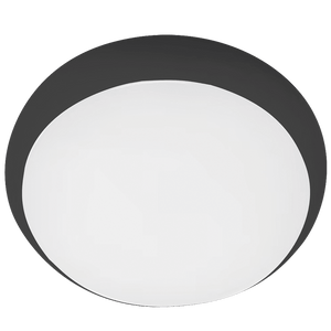 Round ceiling light fixture with black outer ring and white inner shade on a white background