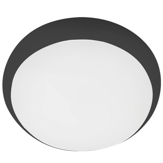 Round ceiling light fixture with black outer ring and white inner shade on a white background