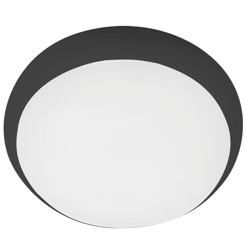 Round ceiling light fixture with black outer ring and white inner shade on a white background