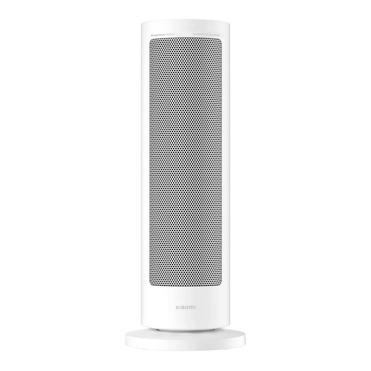 A tall, cylindrical white heater with a perforated front panel and a round base.