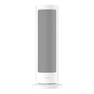 A tall, cylindrical white heater with a perforated front panel and a round base.