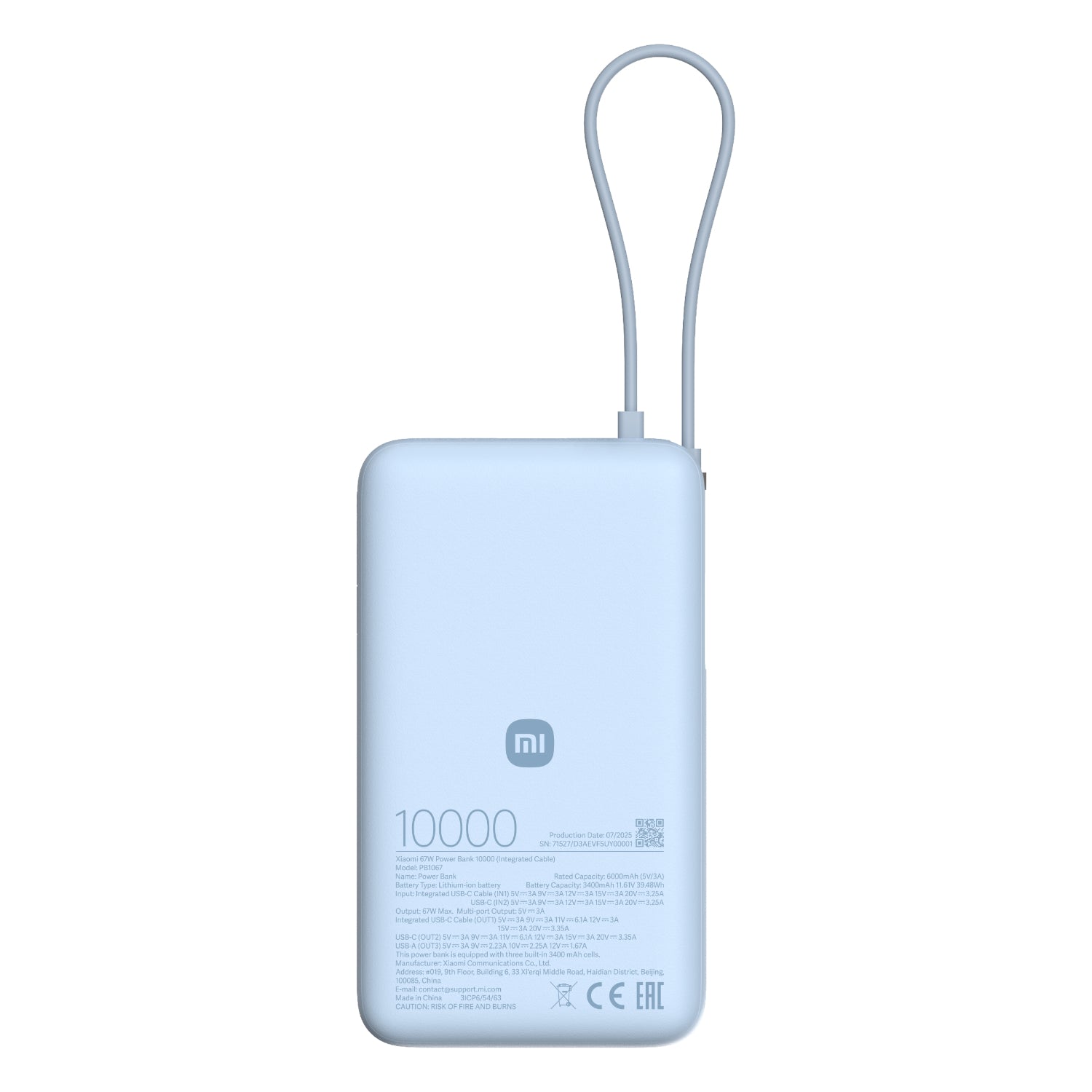 67W 10000mAh Power Bank with Integrated USB-C Cable - Ice Blue product image