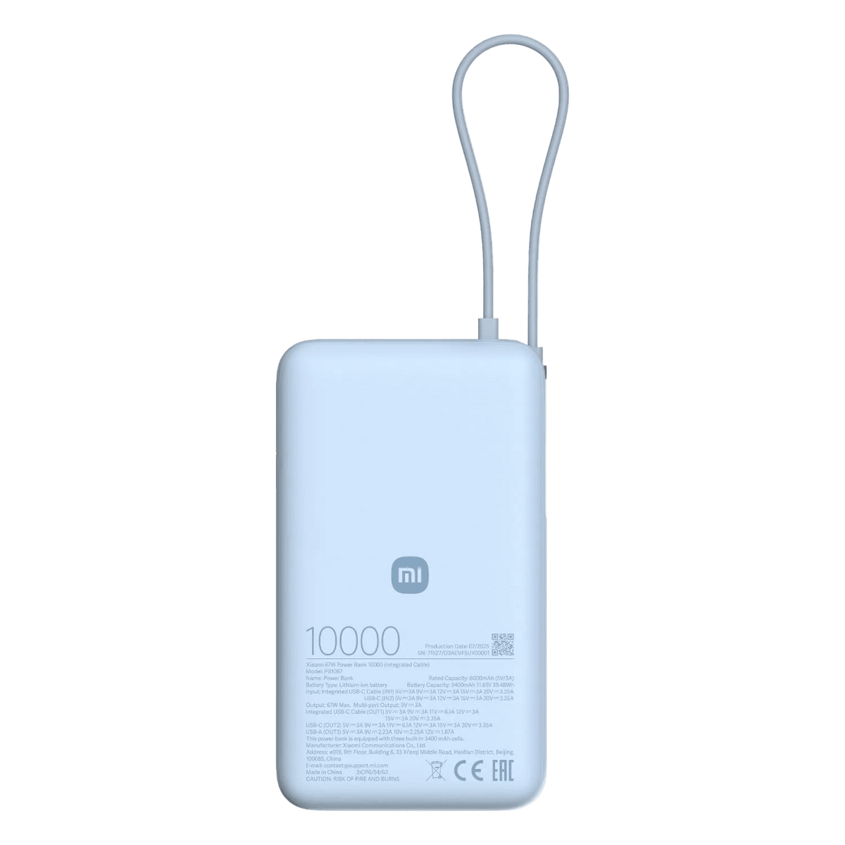 67W 10000mAh Power Bank with Integrated USB-C Cable - Ice Blue
