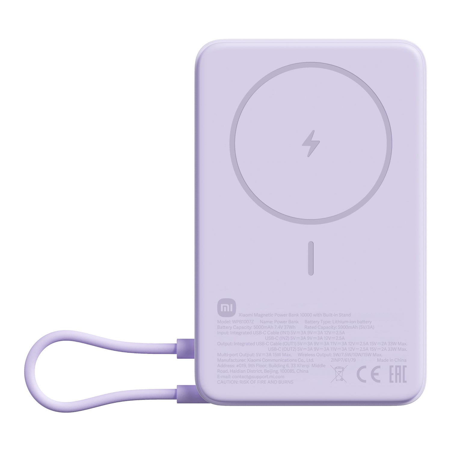 Purple magnetic power bank with built-in stand, 10000mAh capacity