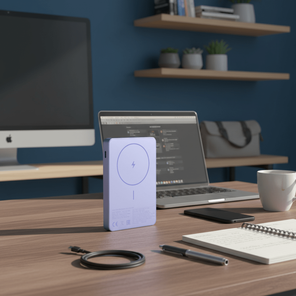 Purple magnetic power bank standing on a desk beside a laptop, phone, notebook and cable