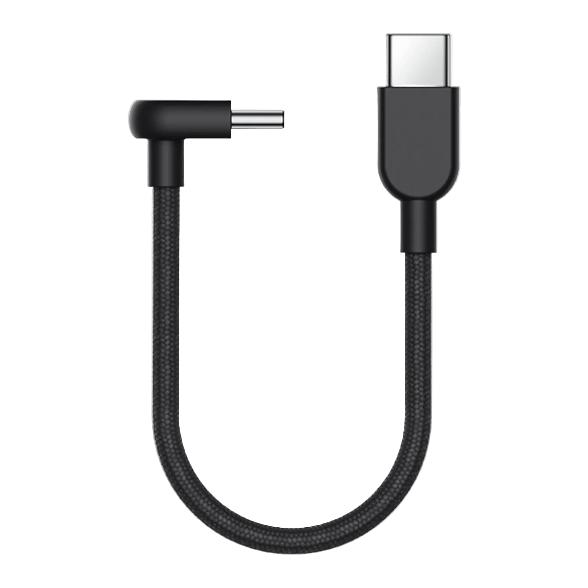 Black braided USB cable with USB-C connector and short exposed cable length