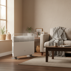 Xiaomi Smart Space Heater S EU in a cozy living room setting, emitting warm air near a sofa and coffee table.