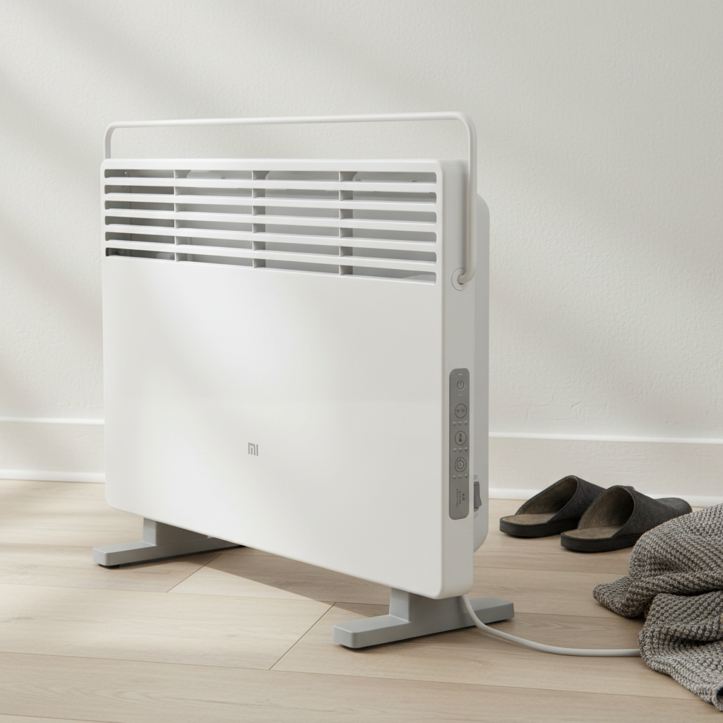 Xiaomi Smart Space Heater S EU positioned on a wooden floor with slippers and a blanket nearby.