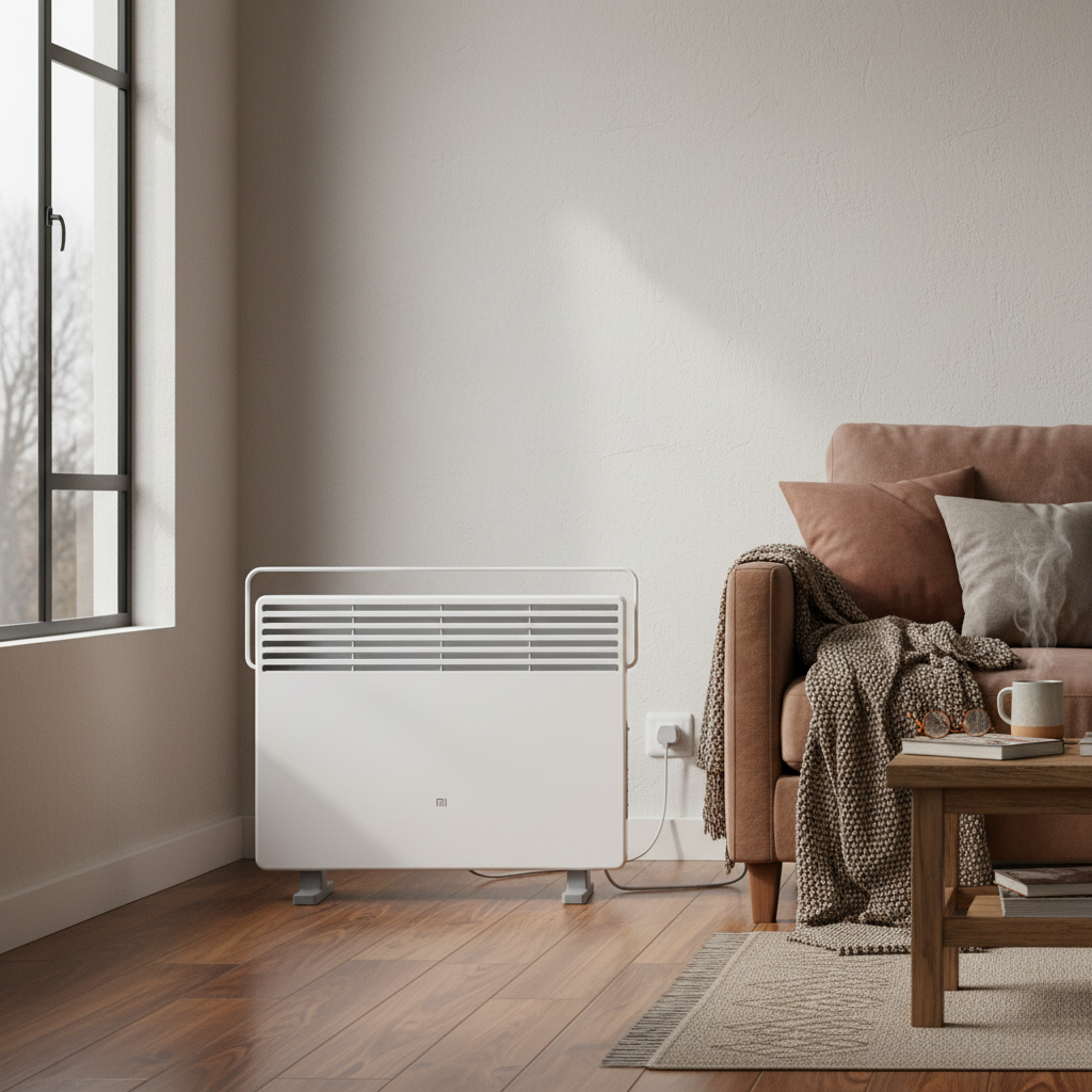 Xiaomi Smart Space Heater S EU positioned beside a cozy sofa with cushions and a throw blanket.