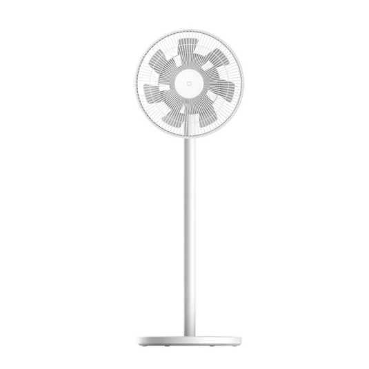 White standing fan shown front-on against a plain green background