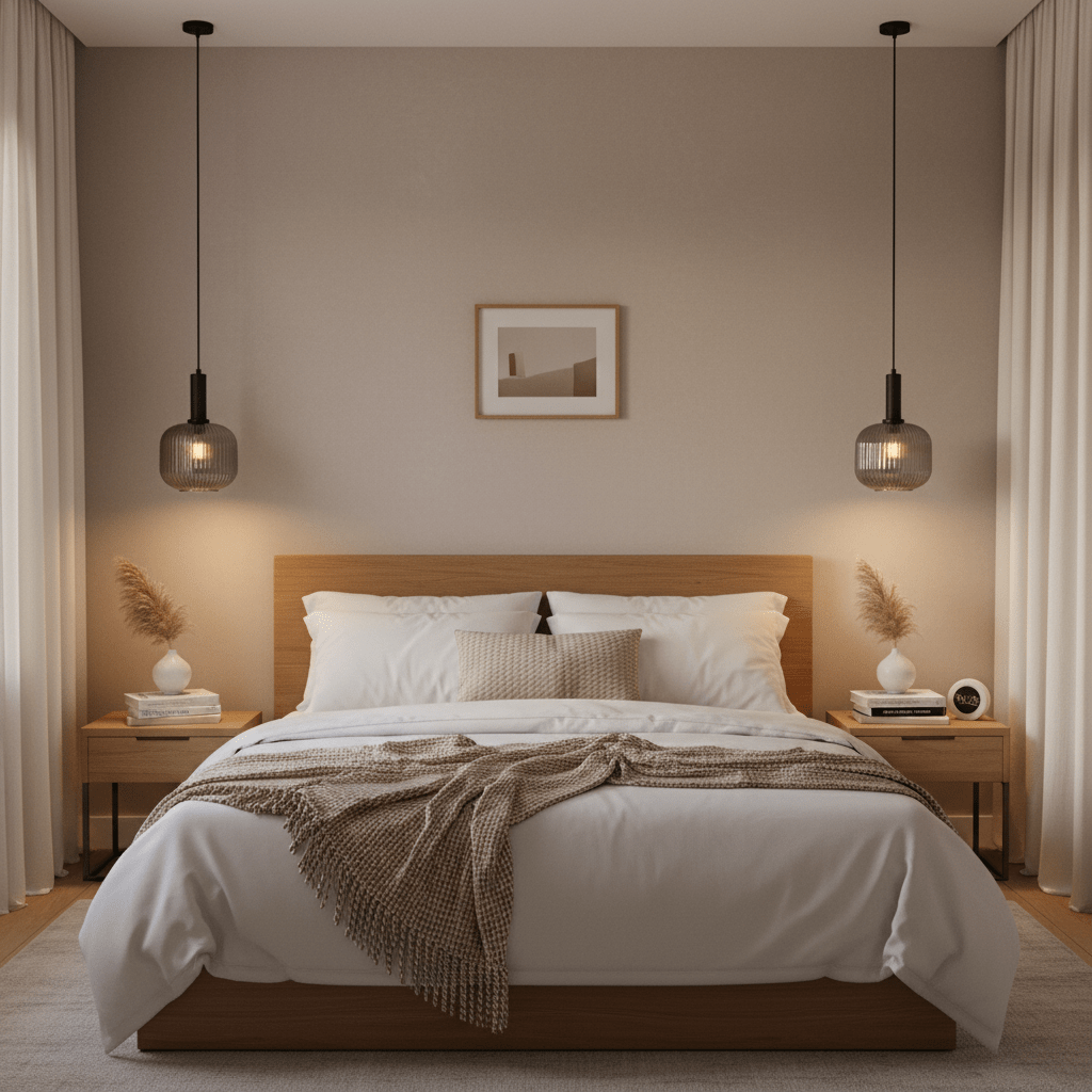 Two Jackie Smoke Cut Glass Pendants hanging above a stylish bed in a modern bedroom setting.