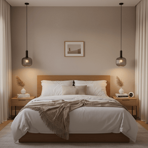 Two Jackie Smoke Cut Glass Pendants hanging above a stylish bed in a modern bedroom setting.