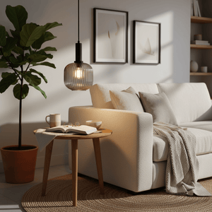 Smoke cut glass pendant light hanging above a cozy living room setting with a sofa and coffee table.