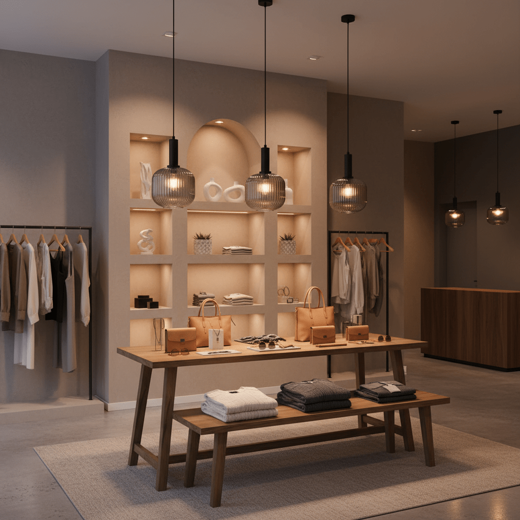 Stylish retail space featuring Jackie Smoke Cut Glass Pendants above a wooden display table.