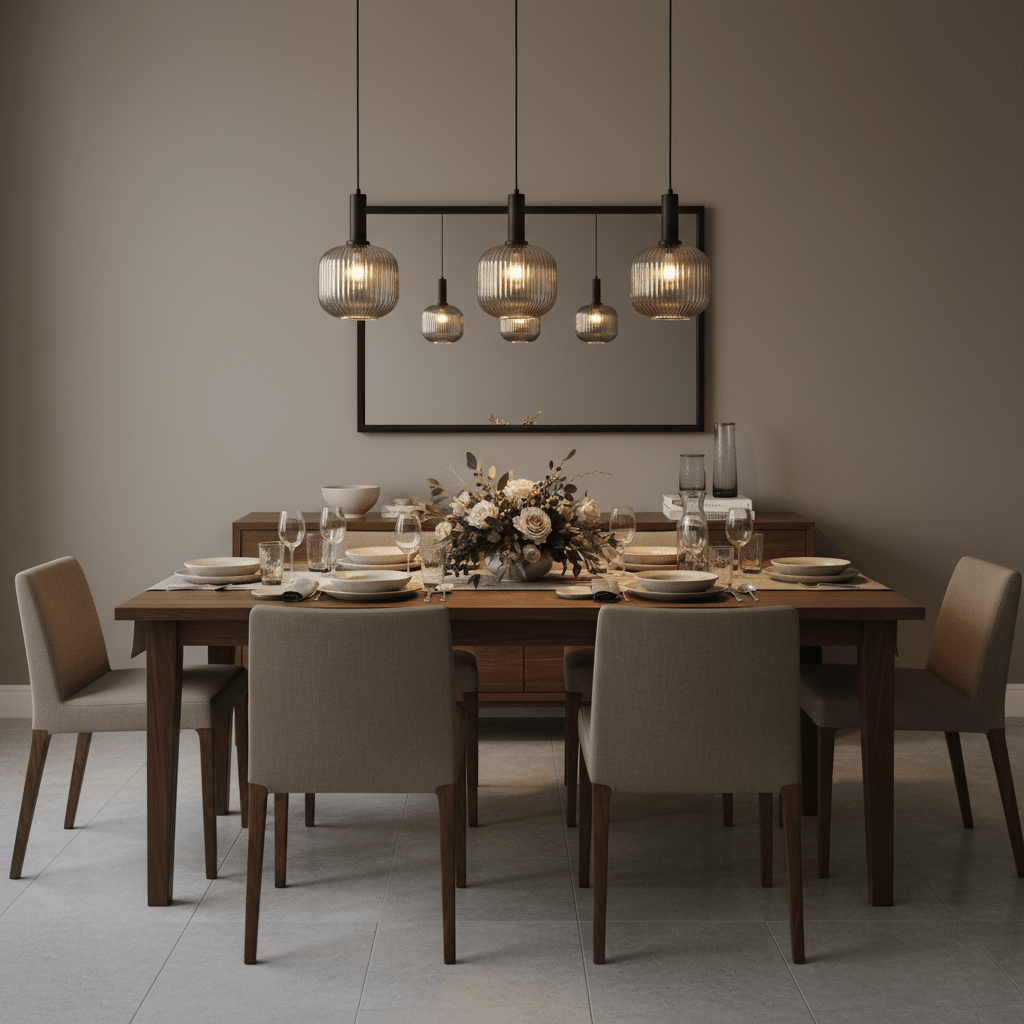 Elegant dining setup featuring multiple smoke cut glass pendant lights above a wooden table with floral centerpiece.