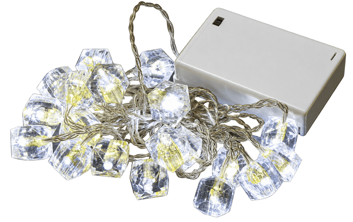 Battery-operated crystal-cap fairy lights and battery box on a transparent background