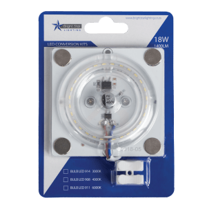 Round LED ceiling light panel in packaging, showcasing 18W, cool white light, and installation options.