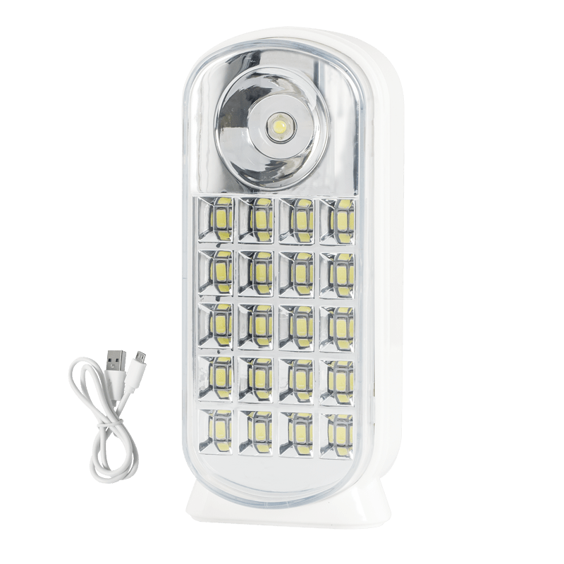 5W LED rechargeable lantern with USB charging cable, featuring a cool white light and multiple LED bulbs.