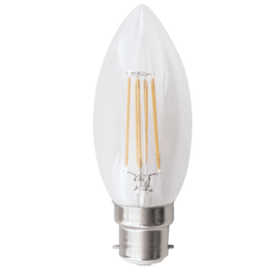 4.5W LED B22 dimmable candle bulb with clear glass design, emitting cool white light.