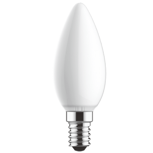 Dimmable LED candle bulb with opal glass finish and E14 base, showcasing its elegant design.