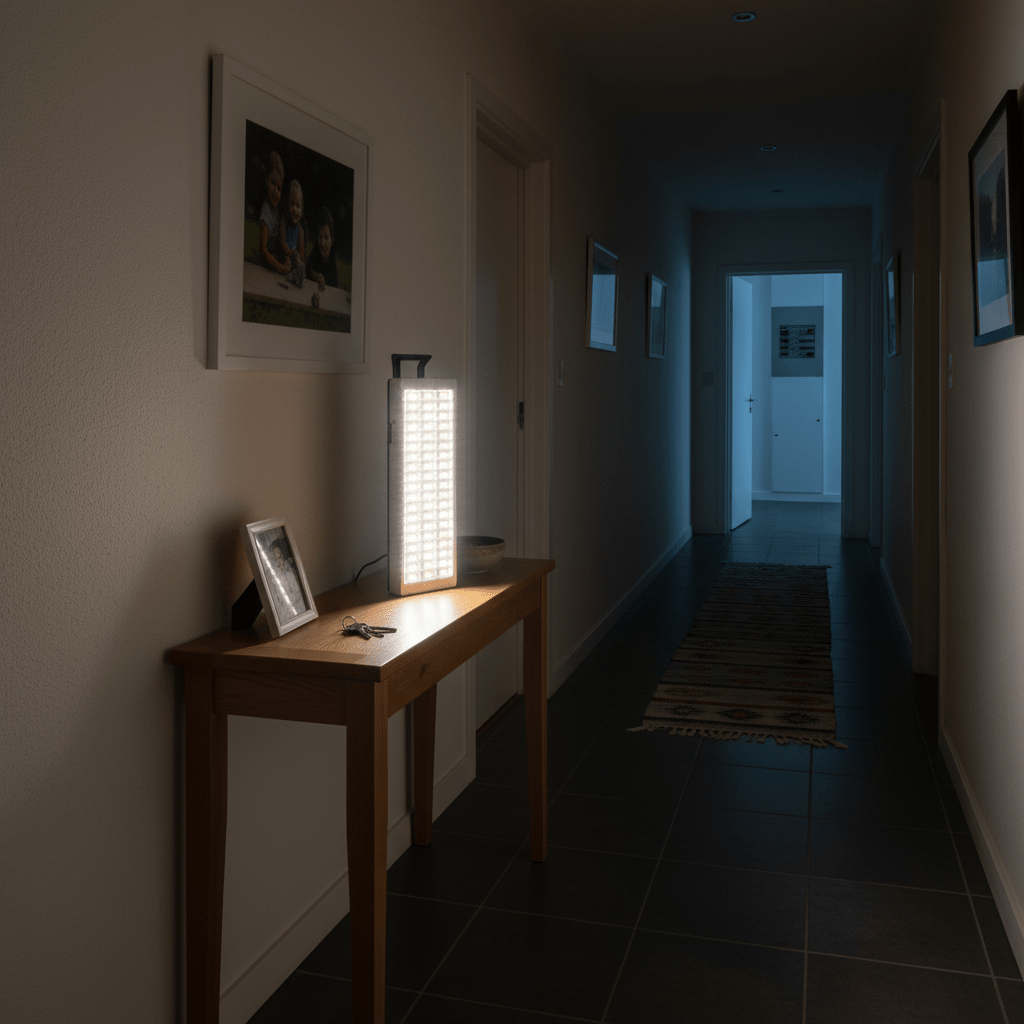 LED rechargeable emergency lantern illuminating a hallway, placed on a wooden table with keys and a photo frame.