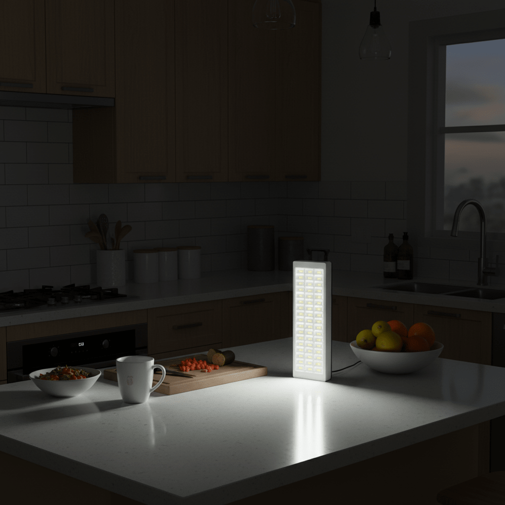 LED rechargeable emergency lantern illuminating a kitchen countertop with food and a mug.