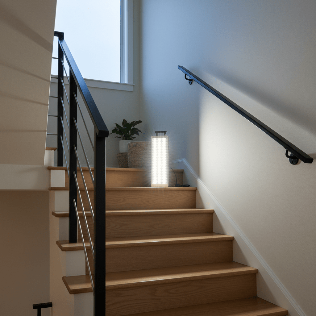 LED rechargeable emergency lantern illuminating a staircase, enhancing safety during outages.