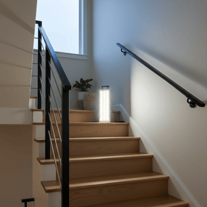LED rechargeable emergency lantern illuminating a staircase, enhancing safety during outages.