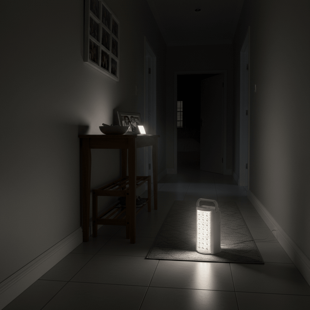 A white rechargeable LED lantern illuminating a hallway, placed on a rug beside a wooden table.