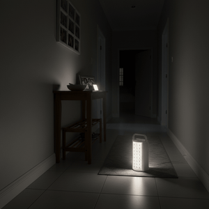 A white rechargeable LED lantern illuminating a hallway, placed on a rug beside a wooden table.
